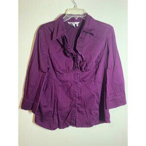 Fred David Stretch Blouse Button Up Business Casual Boho Ruffle Purple Size XL